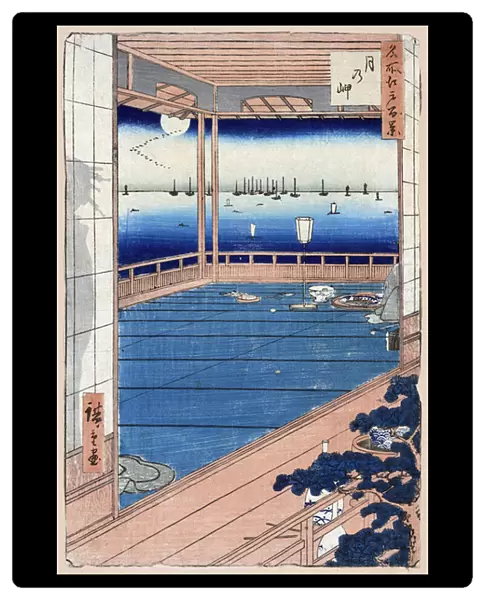 Estampe japonaise: Clair de Lune. Serie cent vues celebres d'Edo. (Moonlight. One Hundred Famous Views Of Edo). Oeuvre de Utagawa Hiroshige (1797-1858), gravure sur bois, 1856-1858