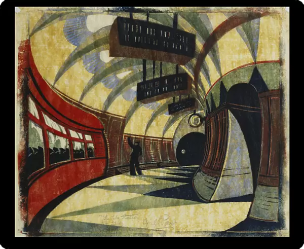 The Tube Station, c. 1932 (linocut printed in colours on tissue Japan)