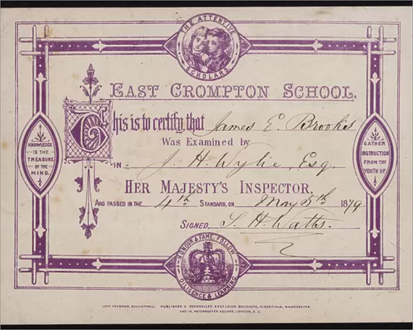 Examination certificate awarded to a pupil of East Crompton School, Manchester, 1879 (colour litho)