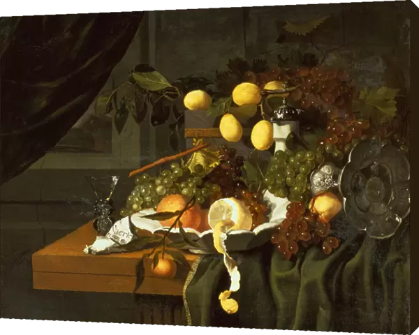 A Peeled Lemon, Oranges and Grapes in a Dish (oil)