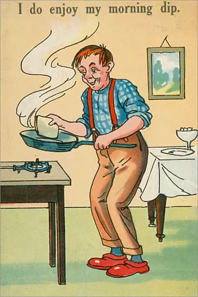 Bachelor cooking fried bread (colour litho)