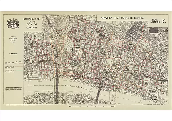 Sewer depths in the City of London, 1944 (colour litho)