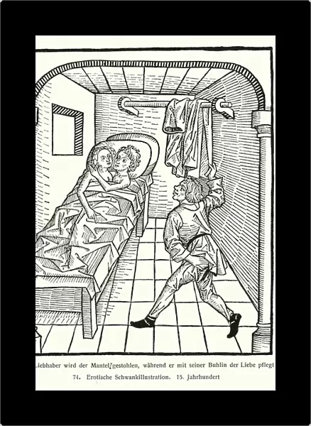 Thief stealing a coat while the owner is distracted by his lover (woodcut)