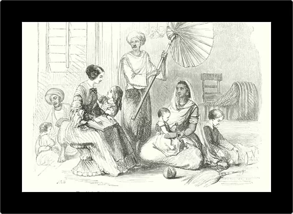 English Lady in India, with her Children and Servants (engraving)