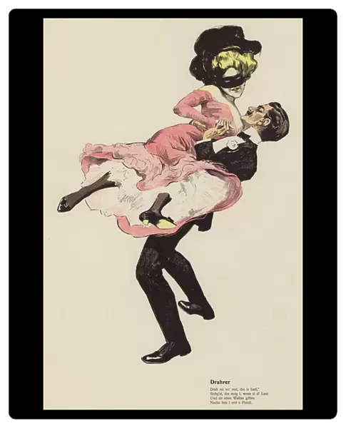 Man lifting a masked woman (colour litho)