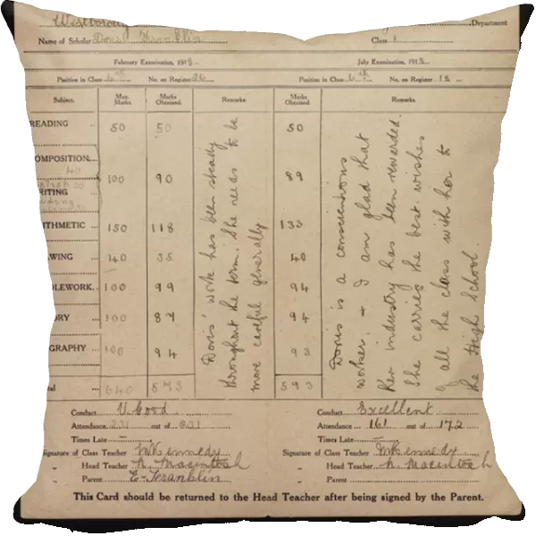 School report of a pupil of Westborough School, Southend-on-Sea, Essex, 1918 (litho)