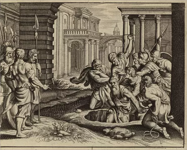 Jeremiah thrown into a cistern for prophesising the ruin of Jerusalem (engraving)