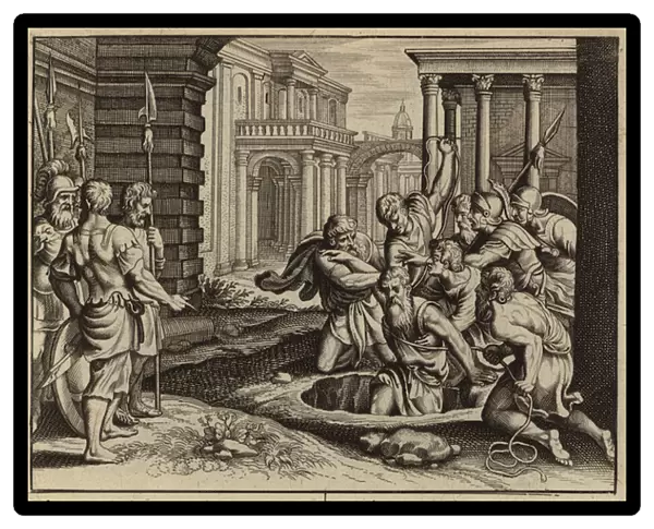 Jeremiah thrown into a cistern for prophesising the ruin of Jerusalem (engraving)