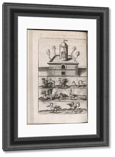 Un four d alchimie et des animaux symboliques de l alchimie - Gravure de Theodore de Bry (1528-1598), pour le traite d alchimie 'Tripus avreus, hoc est