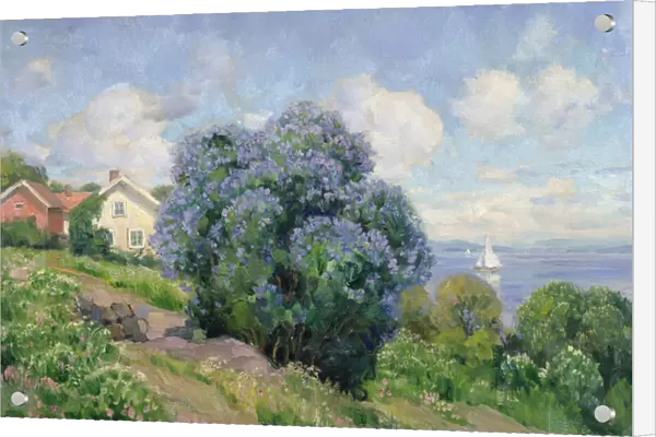 Summer landscape with lilac bush, house and sailing boat (oil on canvas)