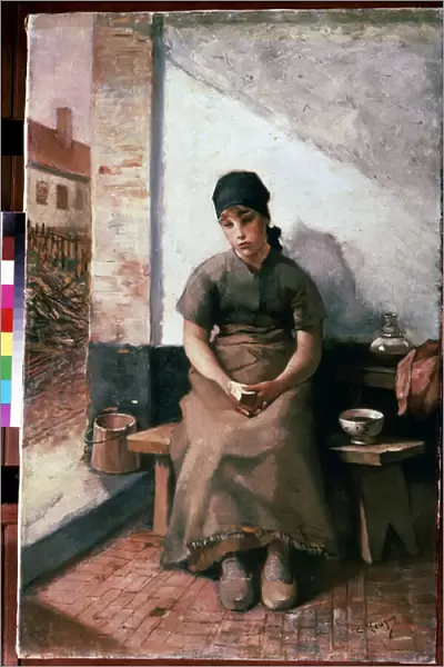 'Un petit-dejeuner de servante'(A maidservants breakfast) Jeune domestique a l expression melancolique, chaussee de sabots, et un fichu sur la tete