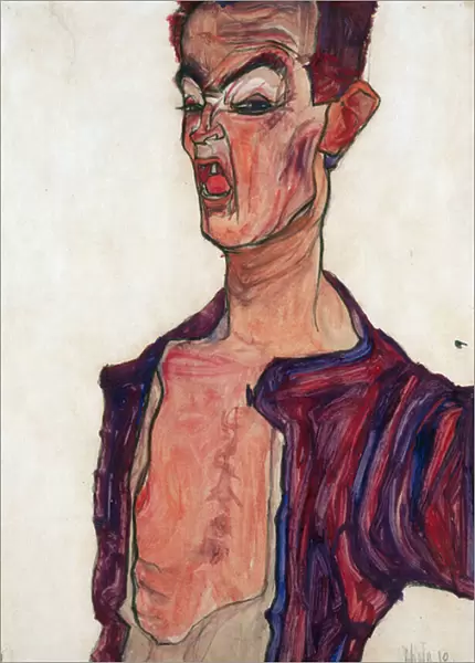 Self-Portrait, Grimacing - Schiele, Egon (1890-1918) - 1910 - Gouache on paper - 45, 3x30, 7 - Leopold Museum, Vienna
