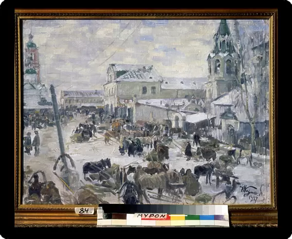 Une eglise a Murom (Russie). (A Church in Murom). Description d une rue de la ville, sous la neige, avec animation quotidienne, attelages a chevaux. Peinture de Ivan Semyonovich Kulikov (Koulikov) (1875-1941), huile sur toile, 1927