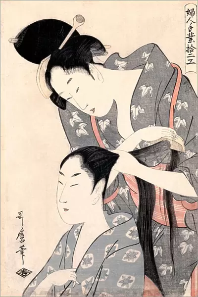 'La Coiffeuse'(Hairdresser) (Kamiyui) Gravure de Kitagawa Utamaro (1753-1806) - c 1798 - Colour woodcut - 38x27, 6 - Art Gallery of South Australia