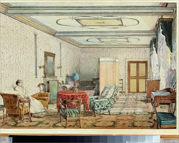 Interieur (interior). Oeuvre de Alexander Andreyevich Ivanov (1806-1858), aquarelle et blanc sur papier, art russe 19e siecle. State Art Museum, Nijny Novgorod (Russie)