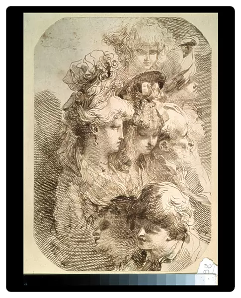Etude de huit tetes. (Studies of eight heads). Dessin de Mauro Gandolfi (1764-1834). Art italien. Crayon et encre de chine brune sur papier. Musee Pouchkine, Moscou