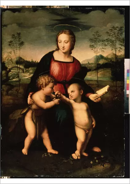 Vierge a l enfant avec Saint Jean Baptiste enfant (Virgin and child with John the Baptist as a Boy). Peinture anonyme, ecole italienne de la deuxieme moitie du 16eme siecle (vers 1550-1600). Manierisme