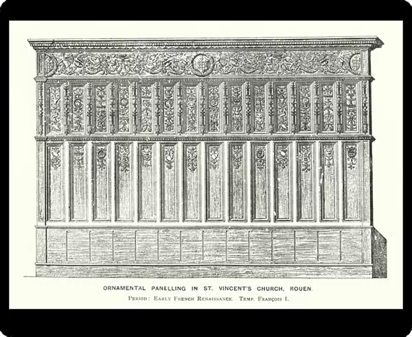 Ornamental Panelling in St Vincents Church, Rouen, Early French Renaissance (coloured engraving)