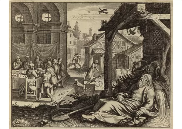 Tobit blinded by sparrows droppings (engraving)