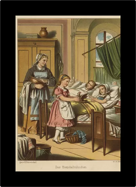 Girl with a chicken visiting children in hospital (colour litho)