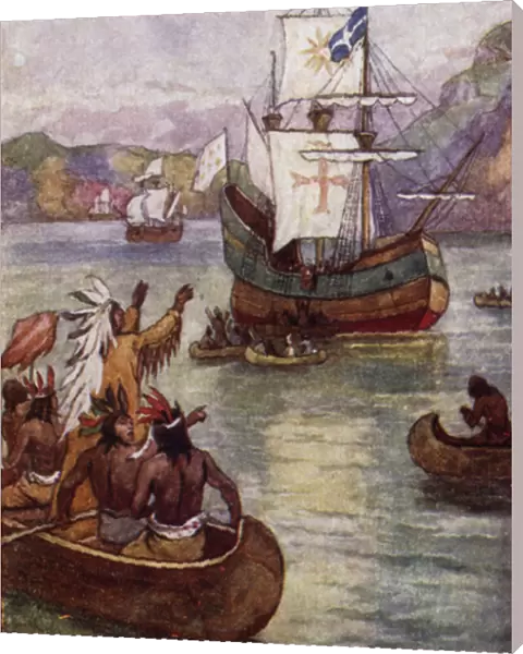 French explorer Jacques Cartiers ships on the St Lawrence River, Canada, 1535 (colour litho)