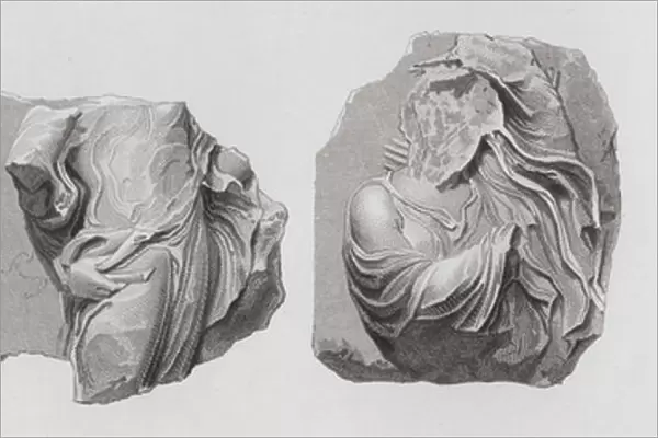 Three fragments of metopes, ancient Greek marble sculpture (engraving)