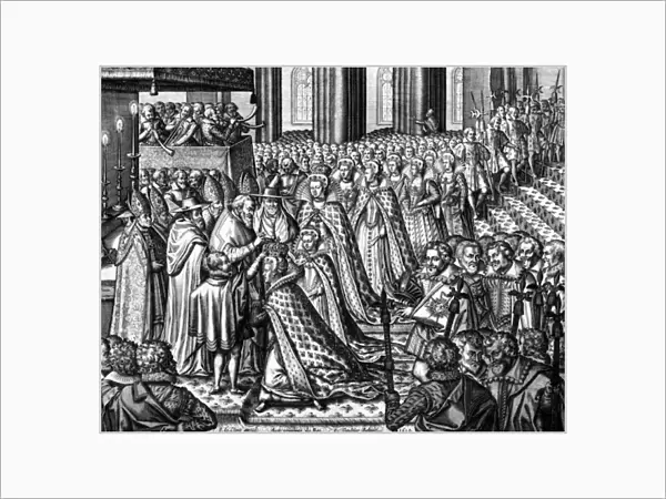 Coronation of French Queen Marie de Medicis on May 13, 1610 in St Denis abbey, France, engraving by Leonard Gaultier and Le Clerc, 1610. The dauphin, future King Louis XIII, touching the crown