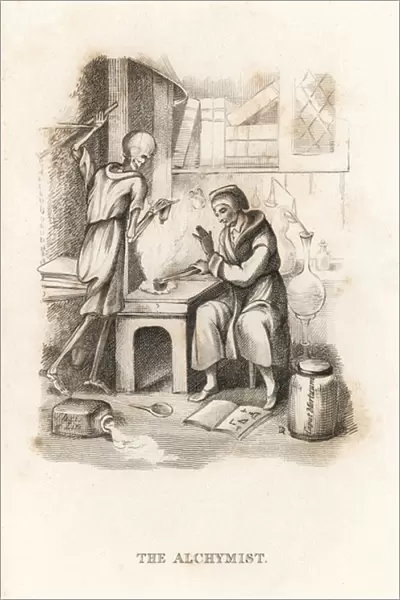 The skeleton of Death and the alchemist. 1827 (engraving)