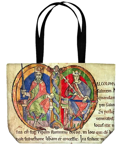 Page from the Charter of Kelso Abbey with an illuminated initial depicting King David I (1084-1153) and his grandson Malcolm IV (1141-65) 1159 (vellum)