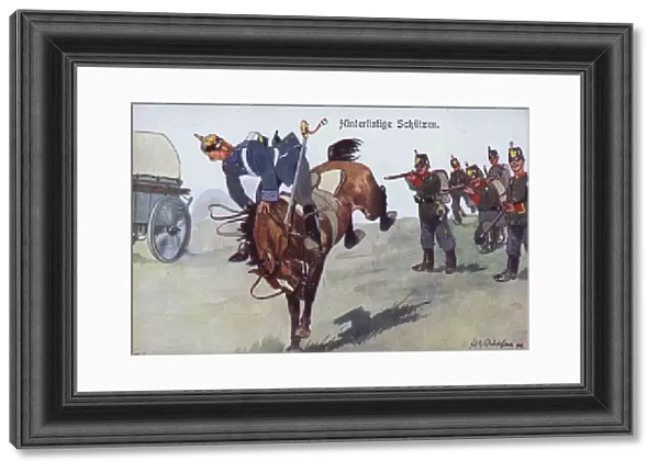 Infantry firing at a cavalryman from behind, German humorous military postcard (colour litho)