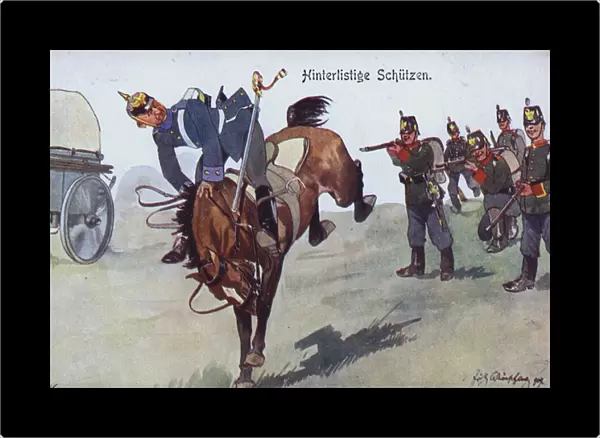 Infantry firing at a cavalryman from behind, German humorous military postcard (colour litho)