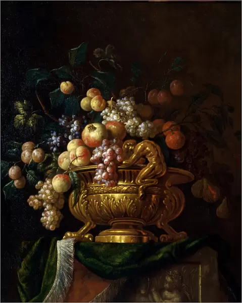 Still life with vase and grenades. Painting by Paul Pillement 17th century. Rouen, Musee des Beaux Arts
