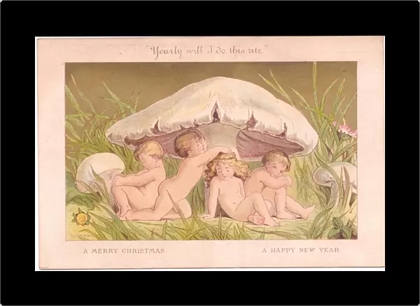 A Victorian Christmas and New Year card of a group of fairy childrn relaxing under a mushroom, all against a gold background, by Gertude Thompson, c. 1895 (colour litho)
