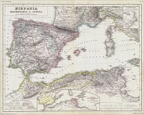 Map of the Roman provinces of Hispania, Mauretania and Africa (coloured engraving)