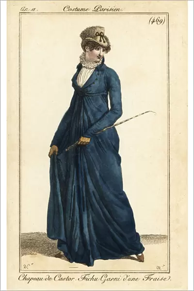Woman in riding outfit with beaver-skin hat, Paris, 1803. (engraving)