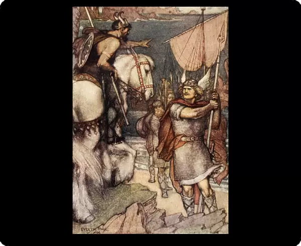 The Warden Challenges Beowulf, 1909 (colour litho)