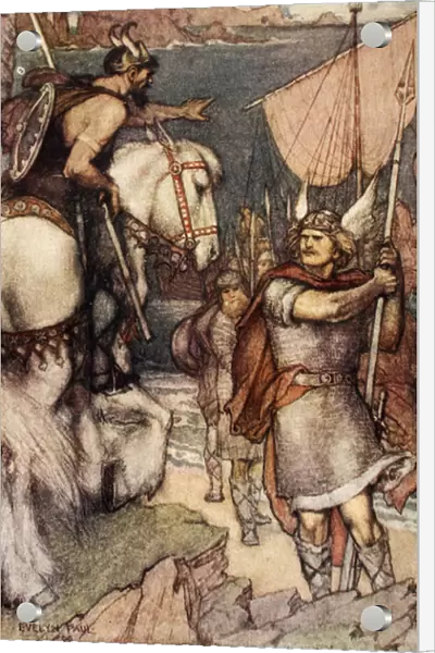 The Warden Challenges Beowulf, 1909 (colour litho)