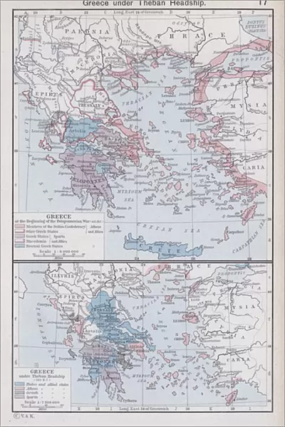 Greece at the Beginning of the Peloponnesian War; Greece under Theban Headship (colour litho)