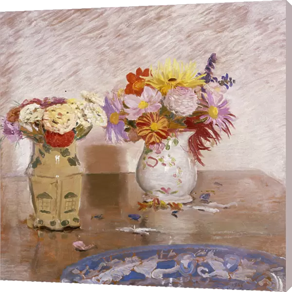 Two Vases of Flowers and a Blue Plate, 1925 (oil on panel)