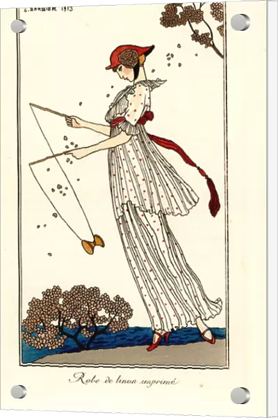Woman in dress of printed linen playing diabolo, 1913