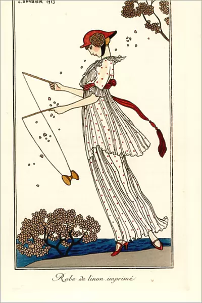 Woman in dress of printed linen playing diabolo, 1913