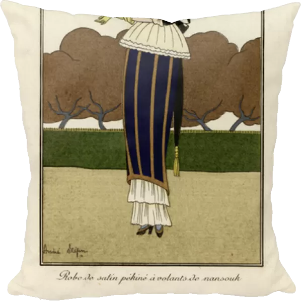 Woman in blue and yellow striped pekin silk satin dress, 1912 (stencil)