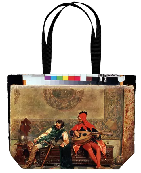 Guerrier saoul et bouffon de cour (Drunk warrior and court jester). Peinture de Casimiro Tomba (1857-1929). Huile sur toile, 37 x 47 cm. Art italien du 19eme siecle. M. Kroshitsky Art Museum, Sebastopol