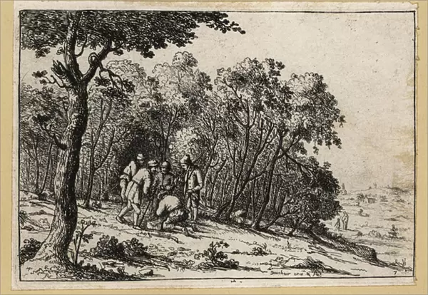 17th century highwaymen sharing loot in a clearing. 1803 (engraving)
