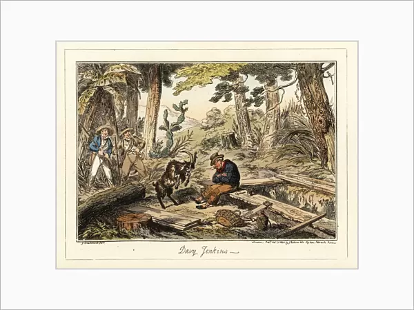 A ships carpenters mate near a saw pit in a Brazil jungle, 1832 (lithograph)