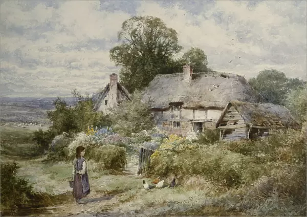 Young Girl Feeding Chickens Outside a Cottage, (pencil and watercolour with touches of white heightening)