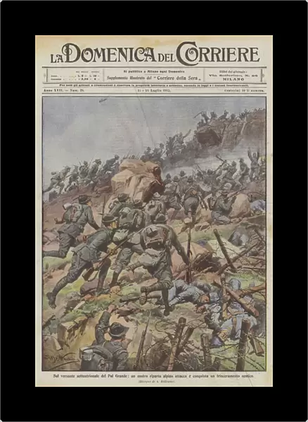 On the northern side of Pal Grande, one of our Alpine allotments attacks and conquers an enemy entrenchment (colour litho)