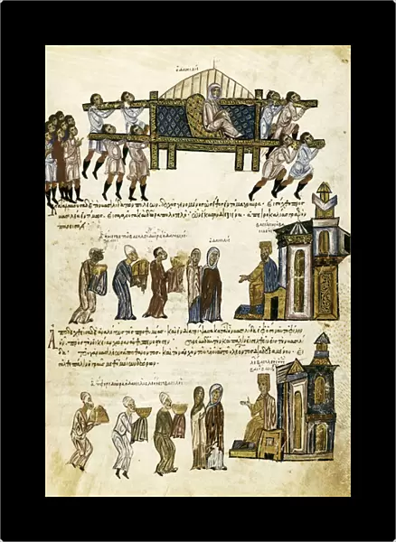 Tributes and gifts to the court of the Byzantine Emperor Basil I (811-886), fol. 213 from 'Synopsis historiarum', c. 1126-1150, 12th century (illuminated manuscript)