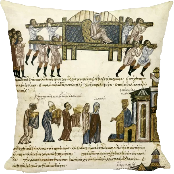 Tributes and gifts to the court of the Byzantine Emperor Basil I (811-886), fol. 213 from 'Synopsis historiarum', c. 1126-1150, 12th century (illuminated manuscript)