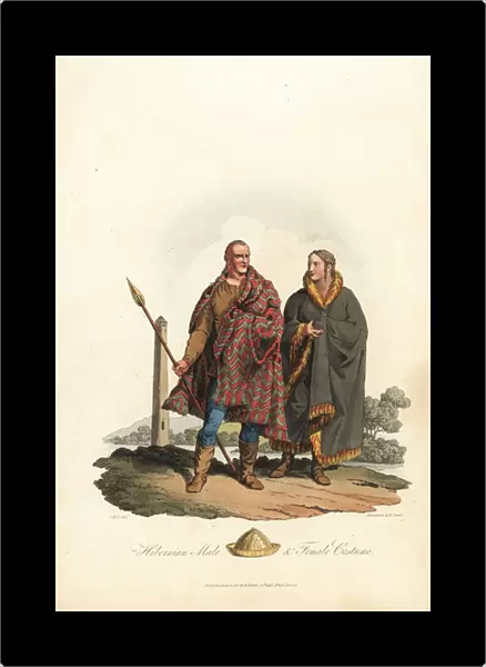 Hibernian male and female costume, post-Roman era. 1821 (engraving)